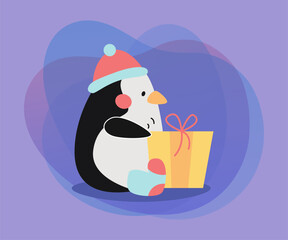 Cute penguin in hat opening gift box vector illustration. Funny comic cartoon character wiith present, celebration of winter holidays: Christmas, New Year. Winter activities concept