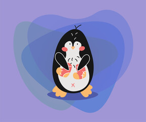 Cute penguin cartoon character with socks vector illustration. Funny comic bird holding warm socks, celebration of winter holidays: Christmas, New Year. Winter activities concept