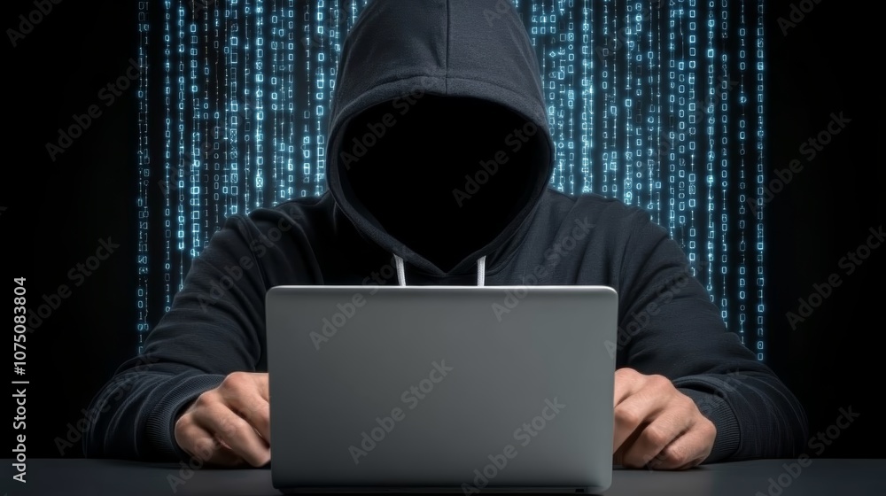 Poster cybersecurity alert, hacker launches cyberattack, compromising digital systems and data integrity. p