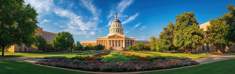 Naklejka premium A vibrant panorama showcasing the Oklahoma State Capitol amidst beautifully landscaped gardens on a clear sunny day