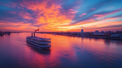 A breathtaking sunset over the Mississippi River with a steamboat gliding through the colorful sky