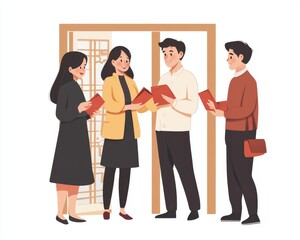A group of four people engaging in a lively discussion with books in hand.