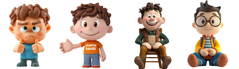 collection of four animated characters showcasing different emotions and styles, including boy with frown, cheerful boy giving thumbs up, smiling character in overalls, and seated boy with glasses