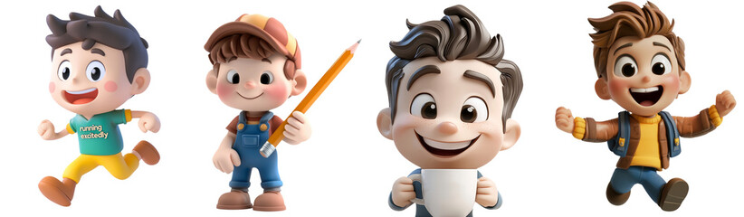group of animated boys showcasing different expressions and activities, including running, holding pencil, and smiling. Perfect for children themes