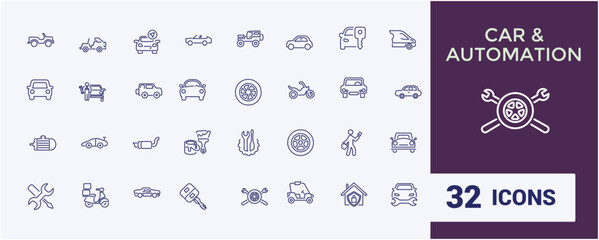car and automation icons in linear style. Contains such icons as data, service, robo, lot, business, drive, on and more. Thin outline icons pack. Editable stroke. Vector illustration.