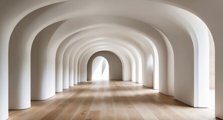 A Modern Interior Design with a Series of Arched Walls and a Wooden Floor.