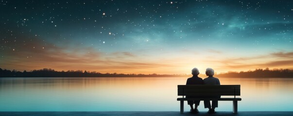 Fototapeta premium Elderly couple enjoying a serene sunset by the lake together.