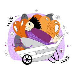Vector illustration in doodle and flat style on Halloween theme in purple and orange shades. Man in witch hat and with pumpkin. Illustration on Halloween theme.