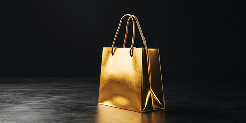 golden shopping bag with shopping chart on a black background. black friday concept