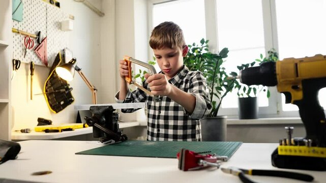 Child performs tasks in workshop, facing safety risks and inappropriate expectations. Focus is on the exploitation of child labor, lack of proper supervision, and risks to health and development.