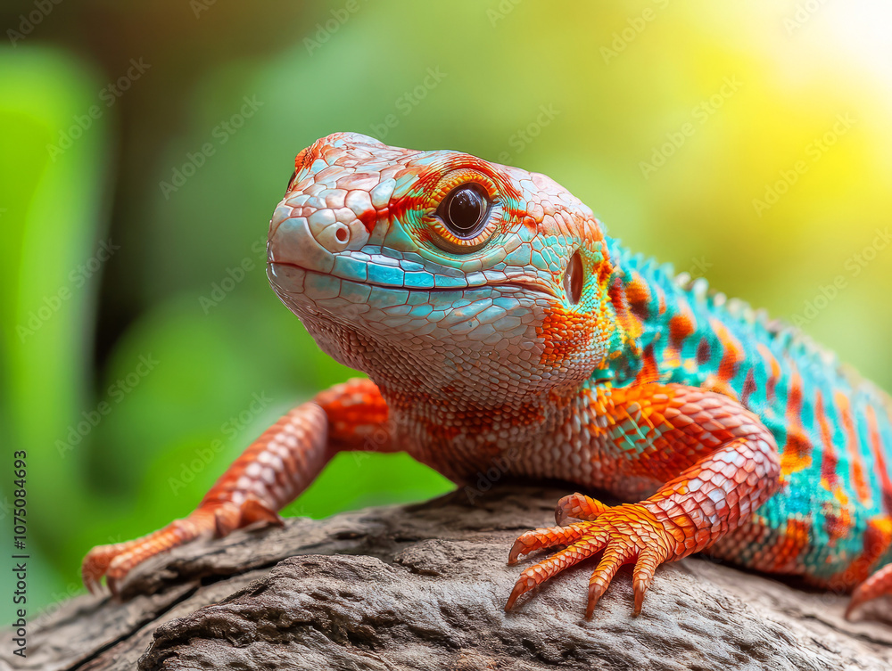 Poster vibrant lizard in natural habitat showcasing intricate patterns and vivid colors on a tree branch su