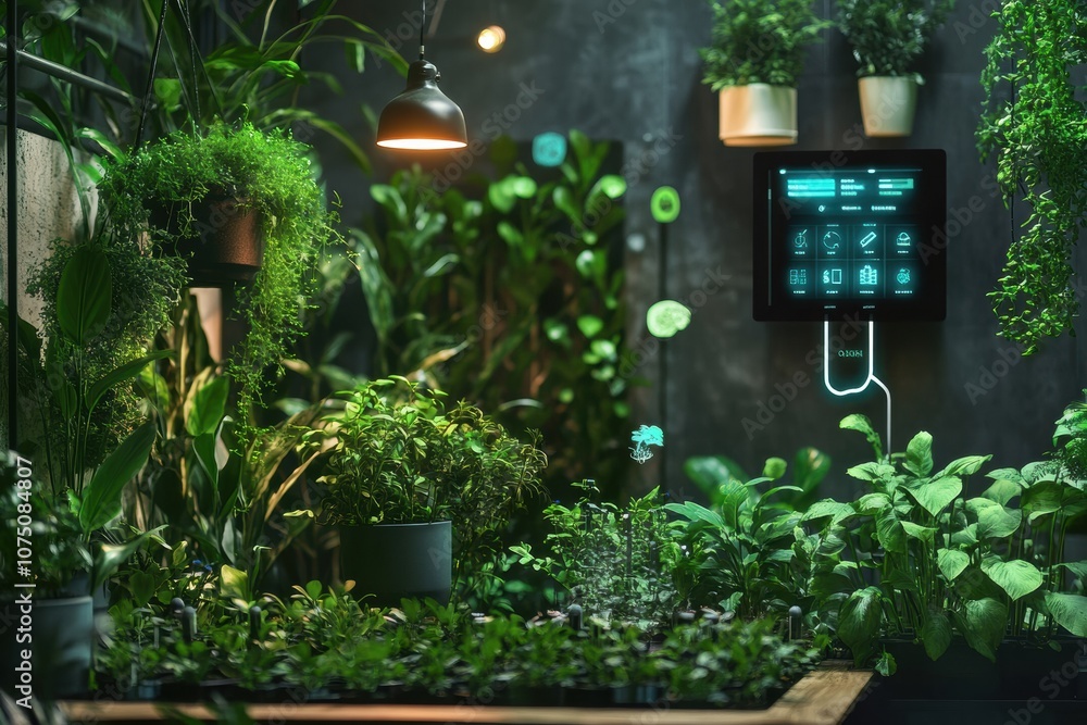 Poster Lush greenery thrives in a smart garden featuring automated sprinklers and soil sensors for optimal care and health. Generative AI