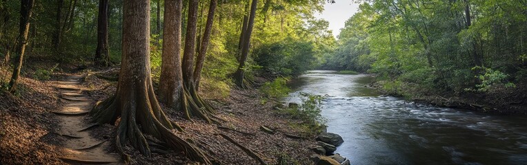 Explore the serene beauty of Congaree National Park with its lush greenery and tranquil river in early morning light