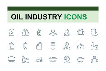 Gas and oil icons set in line style. Featuring energy, petroleum, production, refinery, storage, chemical, oil and more. Simple icon designs.