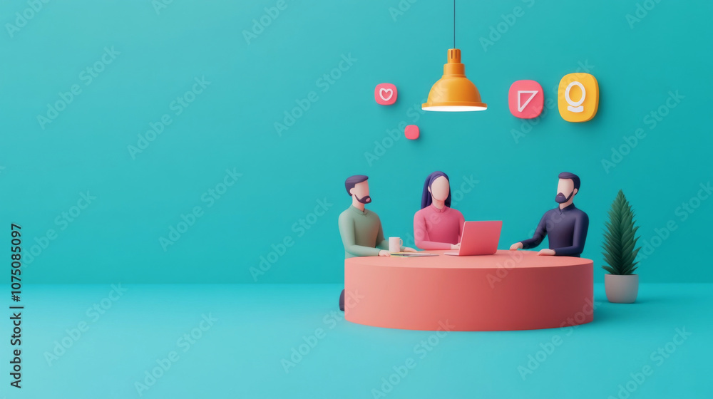 Poster creative workspace for team brainstorming with ideas icons in 3d