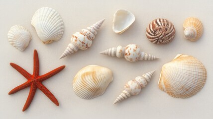 Collection of beautiful seashells and a starfish on a surface.