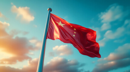 A Vibrant Chinese Flag in the Breeze Against a Clear Sky with Soft Cloud Patterns Illustrating National Pride and Identity in an Iconic Setting