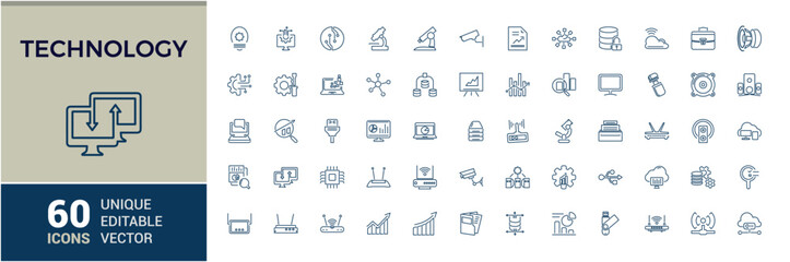 Technology vector line icon set. Featuring collection, cloud, graphic, computer, 5g, network and more. Set of line pictogram. Editable vector stroke.
