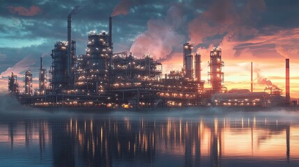 Fototapeta premium Industrial Complex at Dusk Reflecting in Still Water