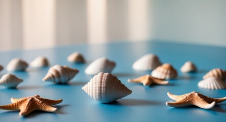 Seashells and Starfish on a Blue Background.