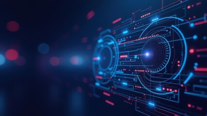 Abstract futuristic digital interface with circular HUD elements on a dark background. High-tech, cybersecurity, artificial intelligence-themed visuals, copy space for design or wallpaper applications