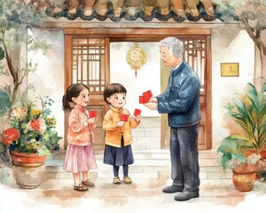 A joyful exchange between a grandparent and children during a cultural celebration.