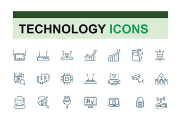 Technology vector line icon set. Featuring collection, cloud, graphic, computer, 5g, network and more. Set of line pictogram. Editable vector stroke.