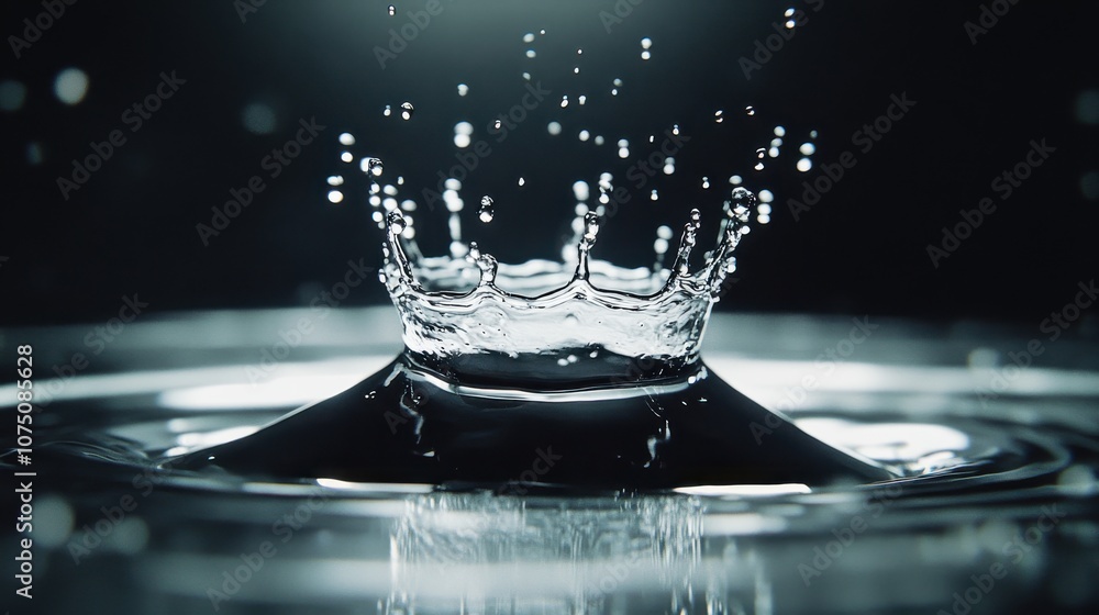 Poster captivating slow-motion moment of a water drop creating ripples upon impact in a darkened environmen