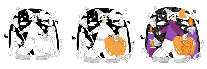 Vector illustration in doodle and flat style on Halloween theme in purple and orange shades. Man in witch hat and with pumpkin. Illustration on Halloween theme.