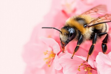 A close-up of a bee perched on vibrant pink blossoms, showcasing nature's delicate beauty and pollination.