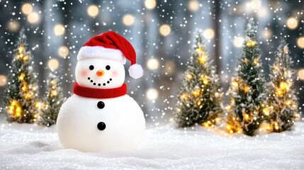 Obraz premium A snowman wearing a Santa hat, standing in a fun, wintry scene with snow-covered trees and holiday lights.