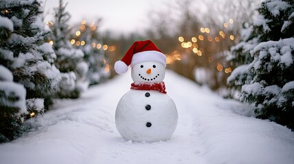 Obraz premium A snowman wearing a Santa hat, standing in a fun, wintry scene with snow-covered trees and holiday lights.