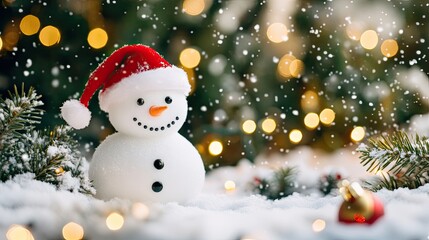 A snowman wearing a Santa hat, standing in a fun, wintry scene with snow-covered trees and holiday lights.