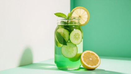 Fototapeta premium A vibrant health and wellness concept featuring a refreshing infused lemon-cucumber-mint detox drink in a stylish glass jar