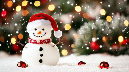 A snowman wearing a Santa hat, standing in a fun, wintry scene with snow-covered trees and holiday lights.
