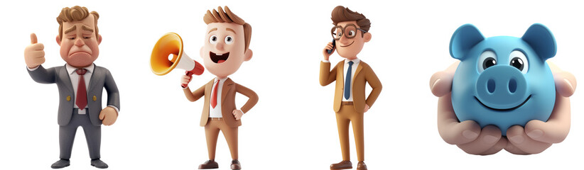 Fototapeta premium collection of four cartoon characters showcasing various emotions and actions, including businessman giving thumbs up, man with megaphone, man on phone, and smiling piggy bank