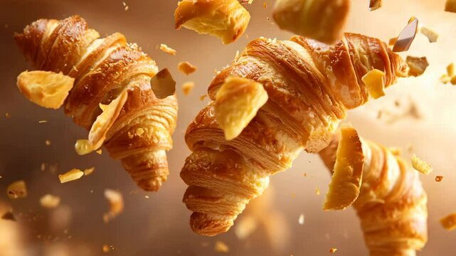 Three croissants are flying through the air