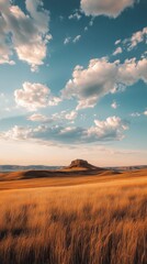 Obraz premium A tranquil view of the expansive prairies in eastern landscape under a clear blue sky with soft clouds at sunset