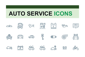 Auto Service vector line icon set. Containing tool, diagnostic, vehicle, machine, technician, isolated, brake and more. Outline icon collections. Vector illustration.