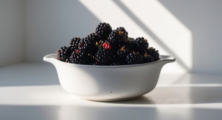 Ripe blackberries in a ceramic dish closeup.