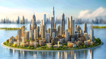 Fototapeta premium 3D City Island Skyscrapers Urban Landscape Illustration