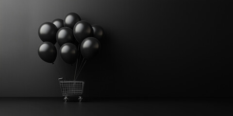 Shopping Chart with Black Balloons on black background with copy space. Black Friday sale concept