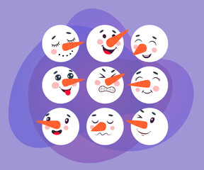 Faces of cute snowman cartoon character vector illustrations set. Comic character with carrot for nose isolated on white background. Winter holidays concept for greeting card or Christmas decorations