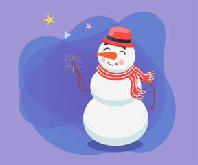 Funny snowman cartoon character vector illustration. Happy comic snowmen in hat and scarf with sparkler on absttract purple background. Winter, holidays concept