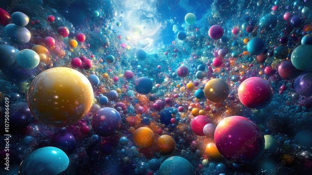 Poster a vibrant composition of colorful spheres, cubes, and abstract shapes in a floating, multi-dimension