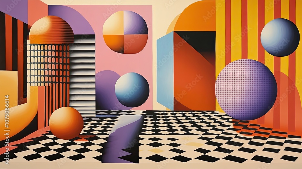 Poster a vibrant composition of colorful spheres, cubes, and abstract shapes in a floating, multi-dimension