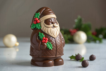 Fototapeta premium Festive Chocolate Santa Figurine with Holly Decoration