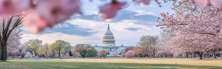 Spring blossoms frame the Capitol Building at the National Mall in Washington, D.C. on a tranquil afternoon