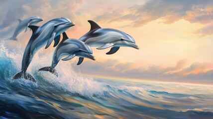 Dolphins gracefully leaping above ocean waves at sunset.