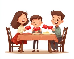 A joyful family dinner with kids exchanging letters and sharing delicious food.